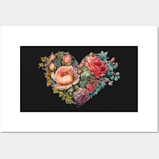 Floral Garden Botanical Print with wild flowers Heart Valentines Posters and Art
